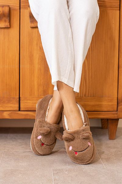 ALTUNTAŞ Winter Women's Home Shoes Slippers Booties Frog Figured Anti-Slip Sole Brown