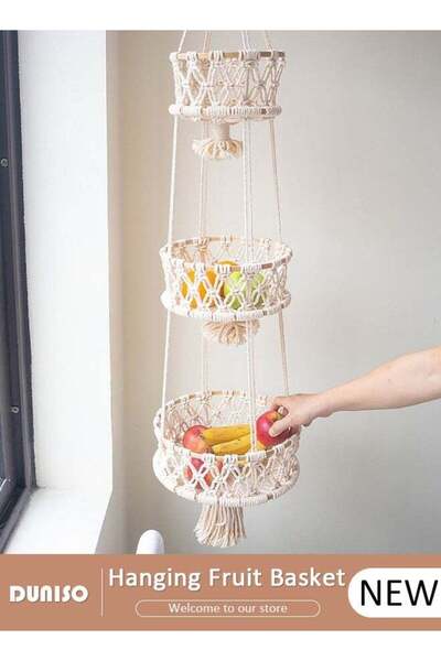 Generic DUNISO 3 Tiers Hanging Fruit Basket, Boho Handwoven Hanging Basket, Wall Hanging Fruit Organizer, I
