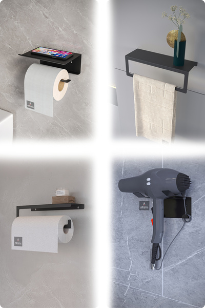 alfams by fmsa Metal Set of 4 |   Toilet Paper Holder + Towel Rack + Paper Towel Holder Kitchen/Bathroom + Blow Dryer Holder