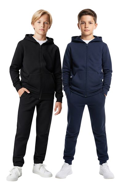 FYK KİDS 2-Piece Zipper Hooded Kangaroo Pocket Solid Printed Boy's Track Suits