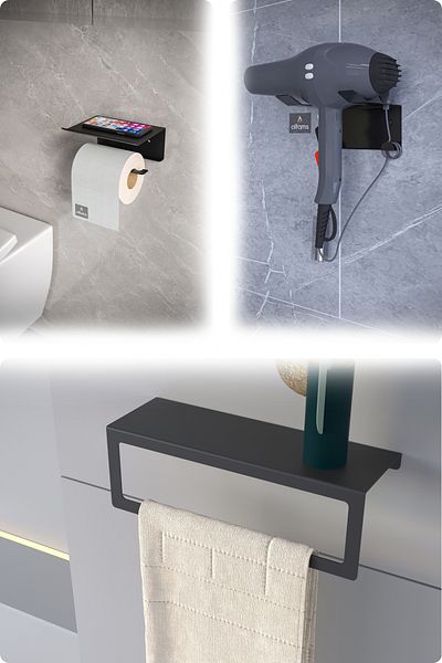 alfams by fmsa Metal Set of 3 |   Toilet Paper Holder + Towel Rack + Blow Dryer Holder – Modern, Long Lasting