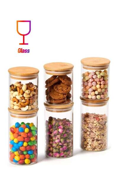 Generic XiuWoo 6-Piece Food Storage Glass Jars With Bamboo Lids Clear 3 x 450, 3 x 700ml