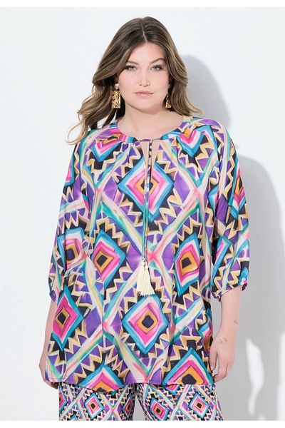 Şans Women's Plus Size Purple, Lace-Up Round Neck, Patterned Tunic 65N39103