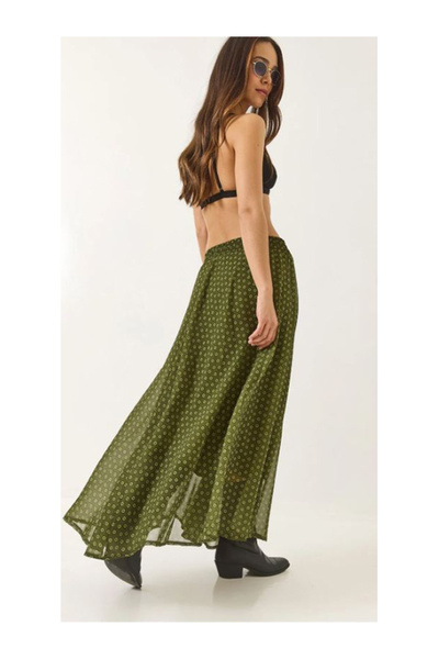 Namaste Vintage Khaki Print Asymmetric Model Long Chiffon Skirt with Elastic