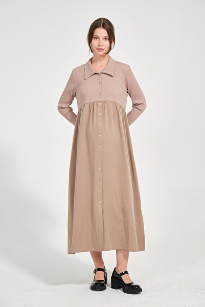 BUSA Maternity Shirt Collar Front Buttoned Long Sleeve Midi Length Dress Mink