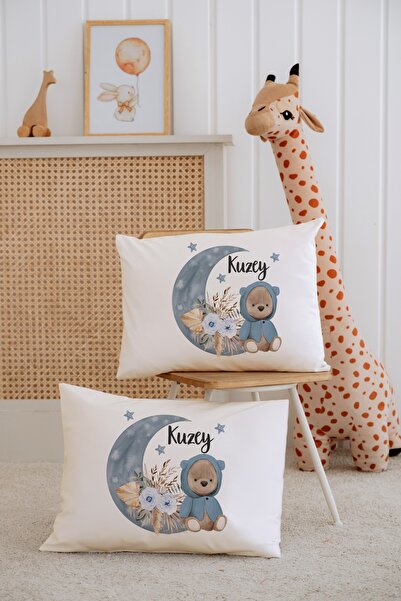 Lilabio %100 Pamuk İsme Özel 2li Ekru Bebek Yastık Kılıfı 35x45 cm-Ayıcık