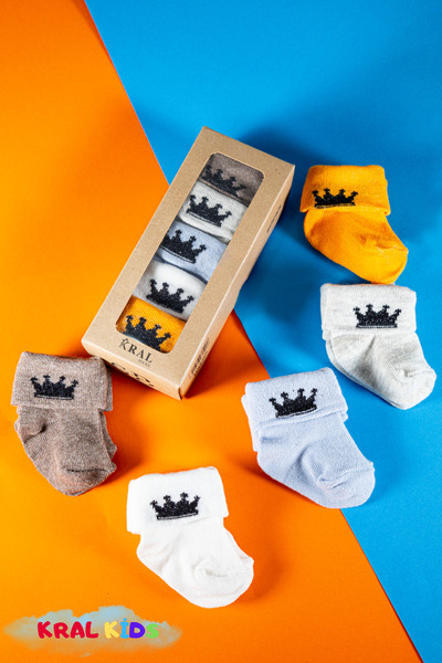 KRAL SOCKS 5 Pairs of Baby Boy Socks Boxed Booties Size – Crown Patterned, Cotton
