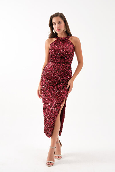 Lafaba Kadın Bordo Halter Yaka Payetli Abiye Elbise