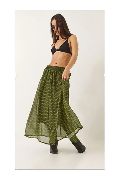 Namaste Vintage Khaki Print Asymmetric Model Long Chiffon Skirt with Elastic
