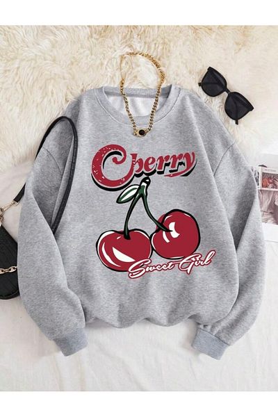 BYMEER Gray Cherry Printed Crew Neck Sweatshirt