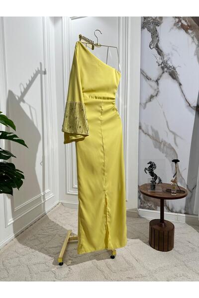 leevan fashion Yellow off-shoulder one-sleeve sequin embroidered evening dress