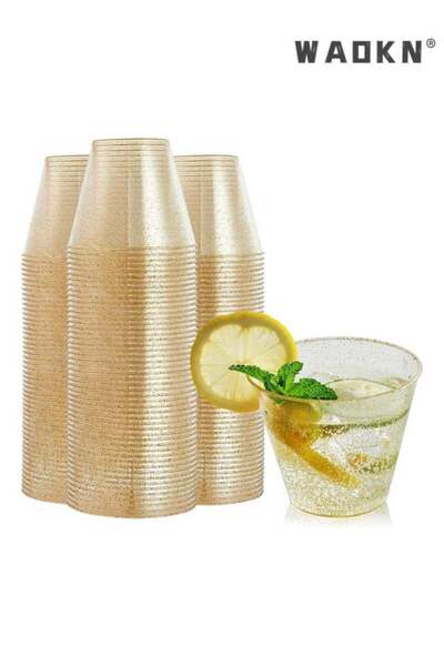 Generic WAOKN 50 Pack Gold Glitter Plastic Cups 9 oz Clear Plastic Cups Tumblers, Fancy Disposable Hard Pla