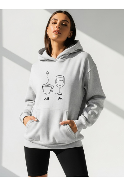 Bheka Concept Am Pm Printed White Oversize Unisex Hooded Sweatshirt Hoodie