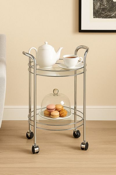 private house Taiwanese silver steel tea trolley, glass top, mirror bottom