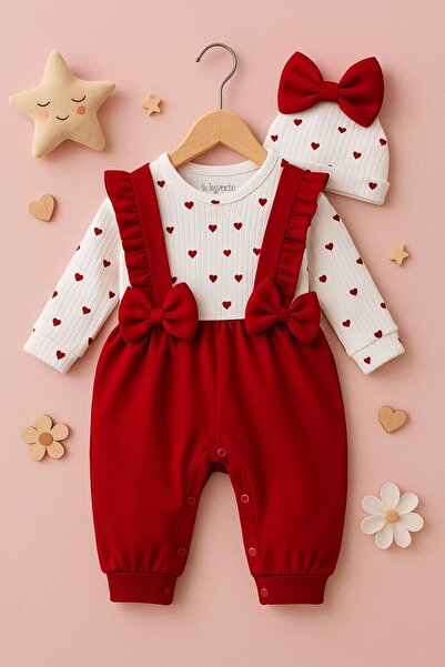 AKİ MODA KİDS Baby Girl Red Heart Romper with Hat