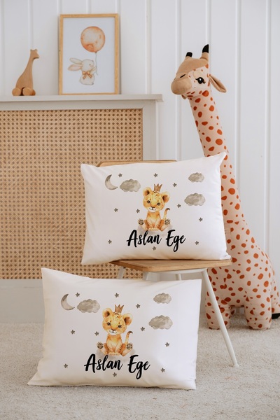 Lilabio %100 Pamuk İsme Özel 2li Ekru Bebek Yastık Kılıfı 35x45 cm-Kaplan