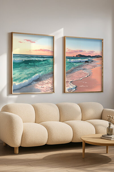 STARYUNA Ahşap Çerçeveli Okyanus Manzaralı Dalgalı Deniz Suluboya Efektli İkili Tablo Seti Yuna371