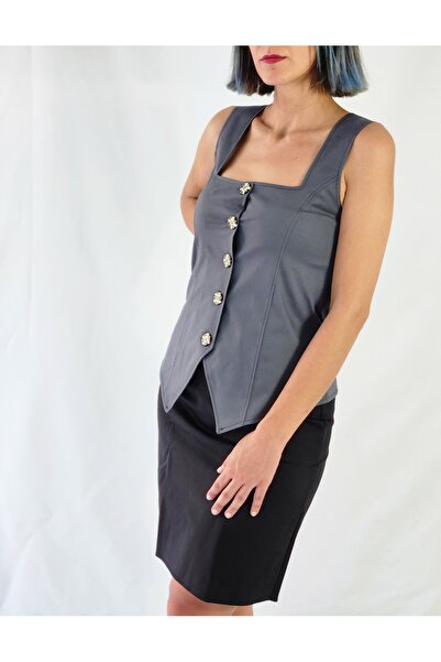 YAXİ Square Collar Unlined Smoked Woven Vest