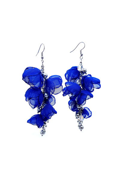 Corizmi Long cluster earrings with veil flowers, pearls and crystals, handmad...