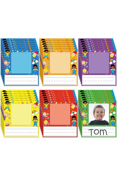 Saharaz مجموعة من 36 لوحة أسماء للأطفال مزودة بصور، ملصقات ذاتية اللصق لأسماء...