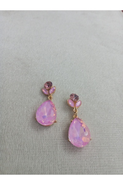 Pervin Ablacım Steel Pink Drop Stone Top Pink Leaf Swing Earrings