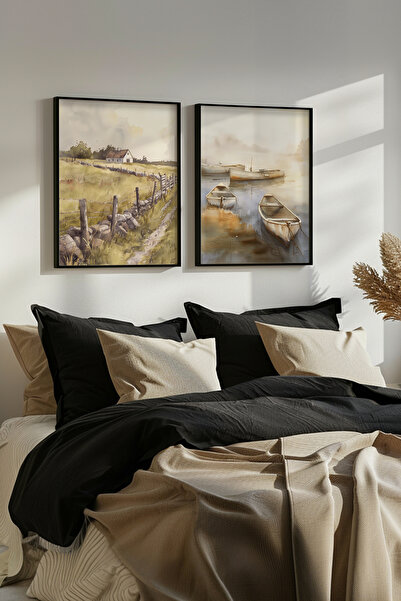 STARYUNA Set de pictură dublă cu efect de acuarelă, cu vedere la sat și la la...