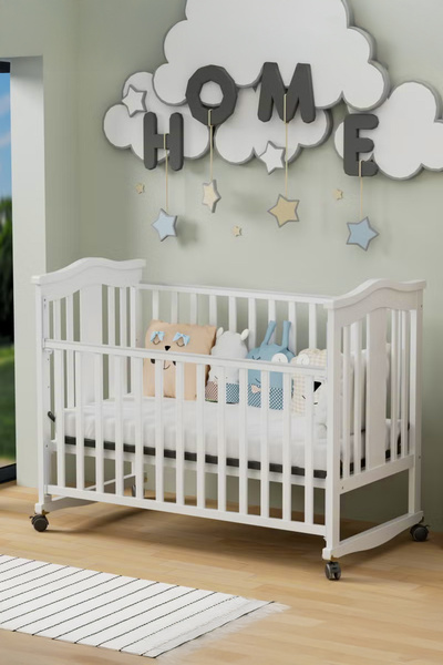 Cady One Wooden baby bed \adjustable height \with wheels and a mosquito net 120 x 60 cm