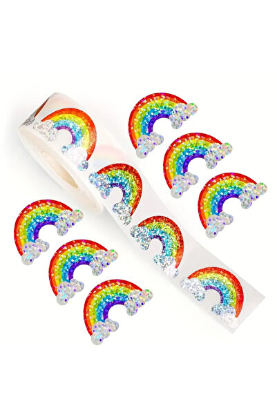 hdcw 500 ADET 3 cm IŞILTILI GÖKKUŞAĞI TASARIMLI YAPIŞKANLI RULO STICKER ETİKET HEDİYE PAKETLEME