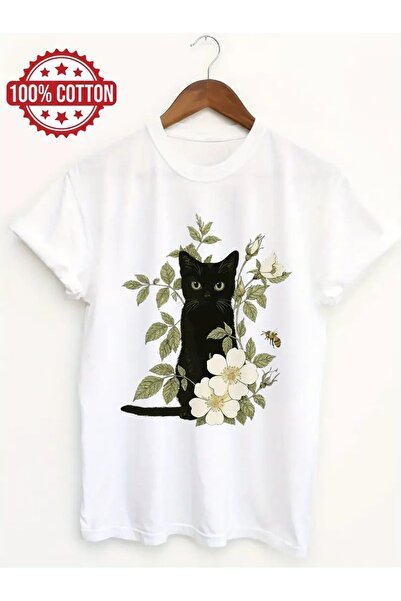 CLASİVA تي شيرت برقبة دائرية كبيرة الحجم للجنسين بتصميم حديث على شكل قطة لطيفة