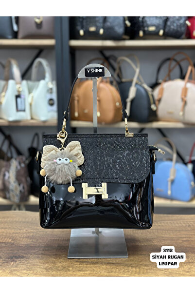VICTORIA SHINE حقيبة يد وكتف بقفل H وتفاصيل ساحرة 3112- (جلد أسود ليوبارد)