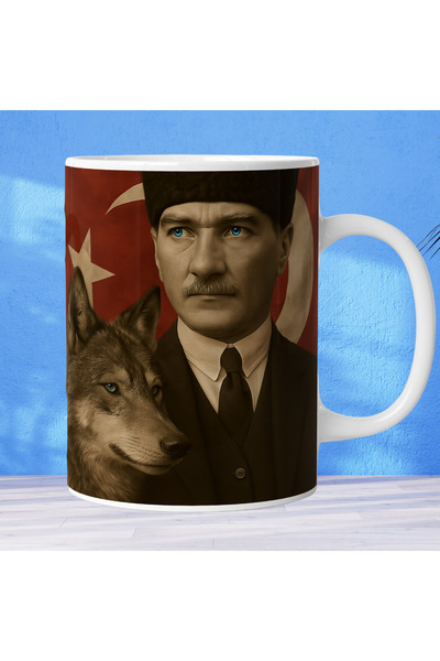 Atatürk ve Bozkurt Temalı Porselen Kupa Bardak – Vova Koleksiyon Serisi – 330 ml