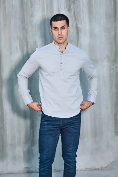 jack carisma Judge Collar Half Pat Lycra Linen Texture Cotton Slim Fit Men's Shirt