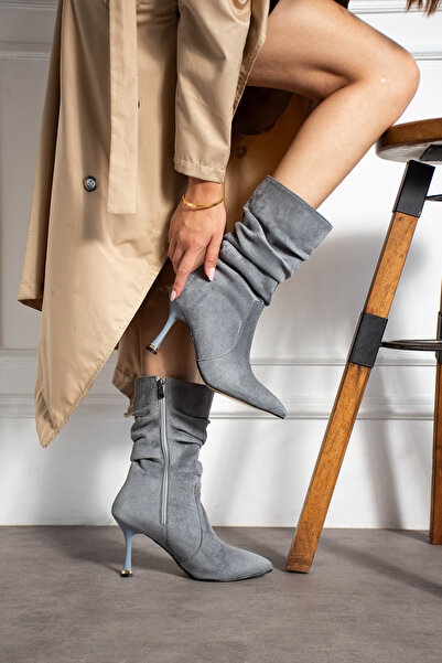 irmona HELEN GRİ DANA SÜET 7 CM TOPUKLU SİVRİ BURUN KÖRÜKLÜ BOT BOTTİE
