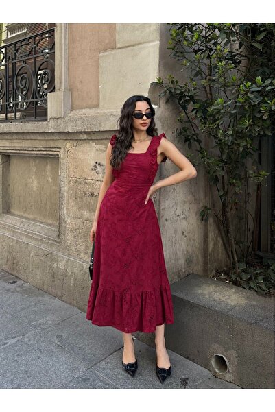 Queensland Lace Midi Dress Women, Ruffled Strap Square Neck Stylish Summer Dress