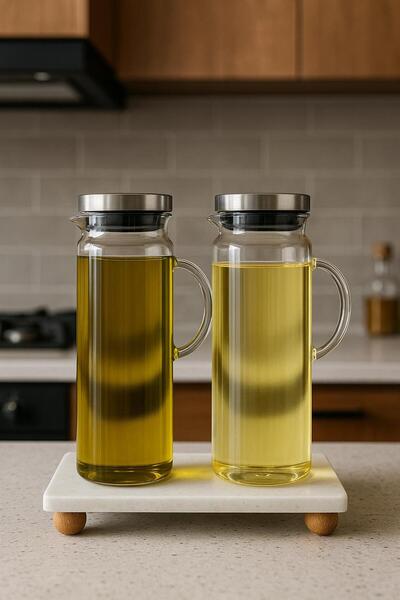 ENYAZA(2024) Set of 2 Pieces 1500ml Borosilicate Glass Oil Pot with Wooden Ball Feet and Marble Stand with Metal Lid