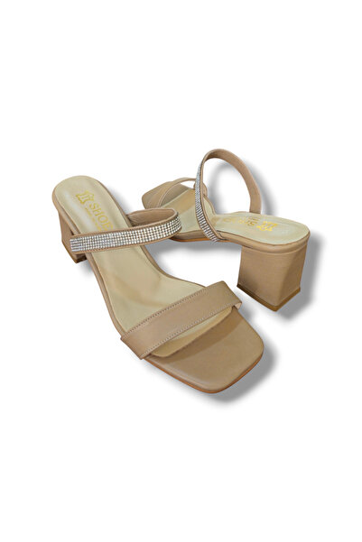 BARONES SHOES Beige Women's Thick Heeled Genuine Leather Sandals – Single Str...