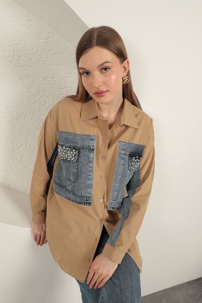 BEEMU Poplin Fabric Denim Garnished Women's Shirt-Tan