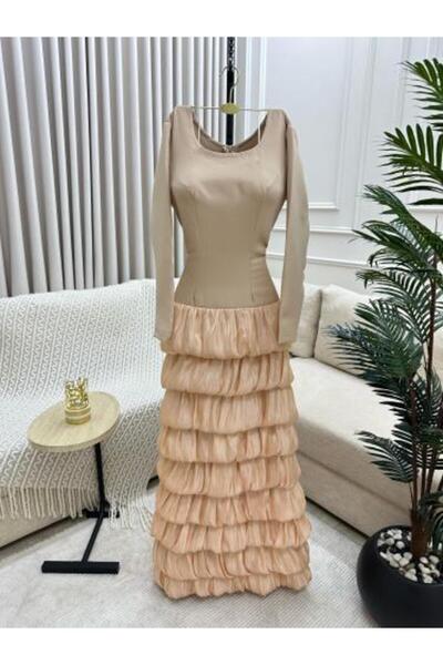 Generic Elegant Long Evening Dress with Crinkle Layers - Beige