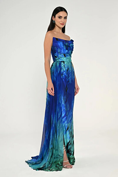 ALFABETA Kayık Yaka Yırtmaçlı Desenli Saten Elbise