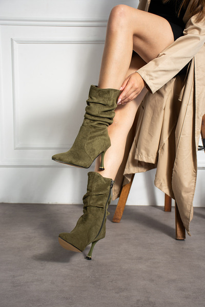 irmona HELEN HAKİ DANA SÜET 7 CM TOPUKLU SİVRİ BURUN KÖRÜKLÜ BOT BOTTİE