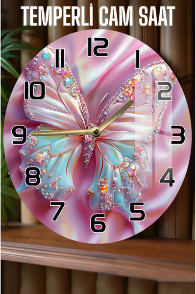 kutuTR Büyük Kelebek Desenli 3D Görünümlü Temperli Cam Saat – 33 cm CSDW374