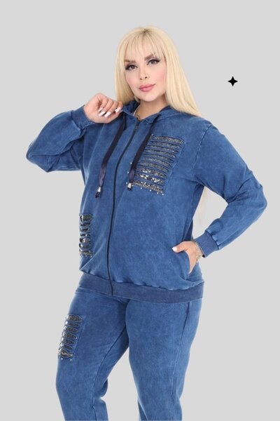 Truva XXL Plus Size Women's Tracksuit Set 42-56 |   Sequins Embroidered, Ripped Detail, Two Thread Cotton