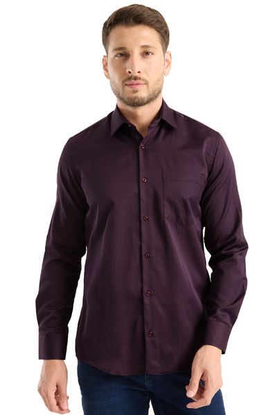 Varetta Men's Shirt Plum Long Sleeve Cotton Solid Color Single Pocket Casual Stylish Classic Model
