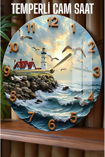 kutuTR Deniz Feneri Manzaralı 3D Görünümlü Temperli Cam Saat – 33 cm CSDW375