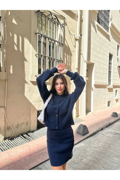 Lusin Women's Navy Blue Cardigan Skirt Bottom Top Double Knitwear Set