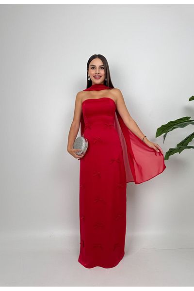 mafdress Women's Red Scarf Satin Strapless and Slit Detail Evening Dress