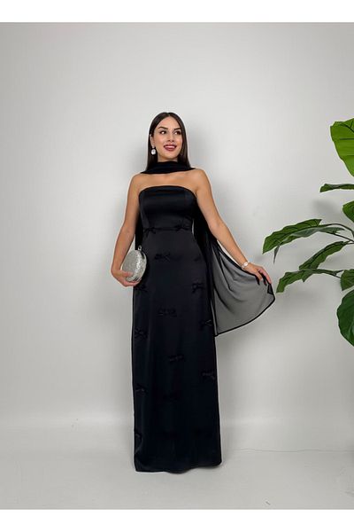mafdress Women's Black Scarf Satin Strapless and Slit Detail Evening Dress