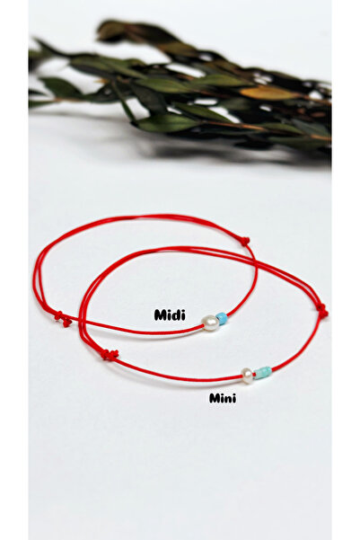 Atölye Merdiven Real Pearl Detailed Red String Bracelet Blue Beaded Courage Evil Eye Minimal Midi Bracelet