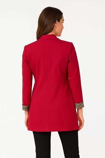 Silerra Women's Red Swallow Collar Gold Buttoned Blazer Leopard Cuff Jacket - Red