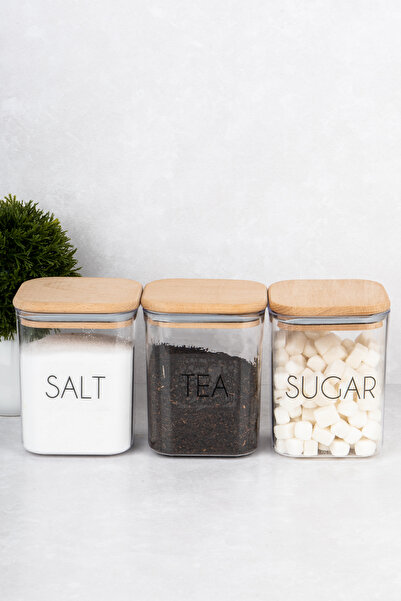 DNS HOME 3 Pieces Storage Container Wooden Vacuum Lid Tea Sugar Salt Jar with Label Gift Mica 900 ml